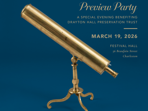 Brass telescope on a stand with event details for a preview party benefiting Drayton Hall Preservation Trust.