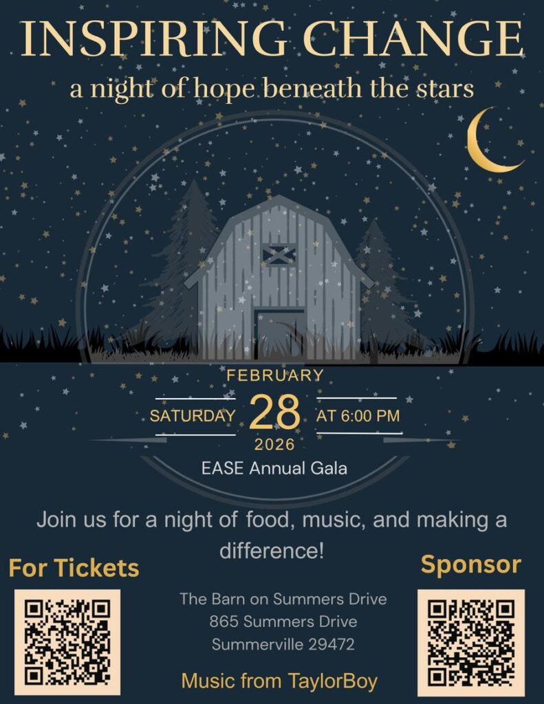 Event poster for EASE Annual Gala on February 28, 2026, featuring a barn, stars, and details for tickets and sponsorship.