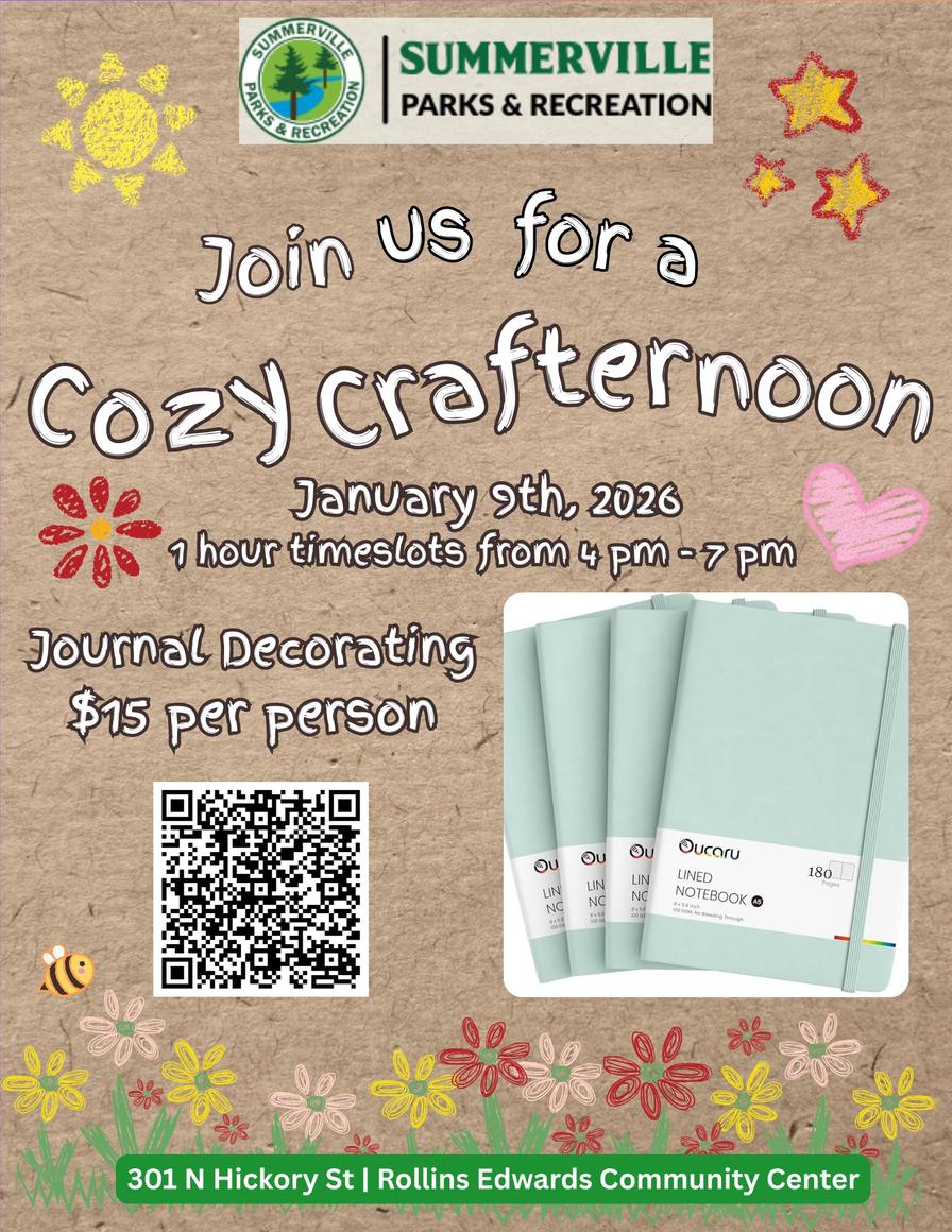 Event flyer for a journal decorating session on January 9, 2026, at Rollins Edwards Community Center.