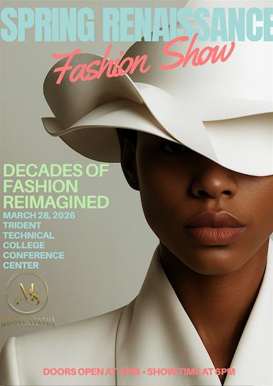 A model wears a large white hat and stylish outfit, promoting a fashion show event on March 28, 2026.
