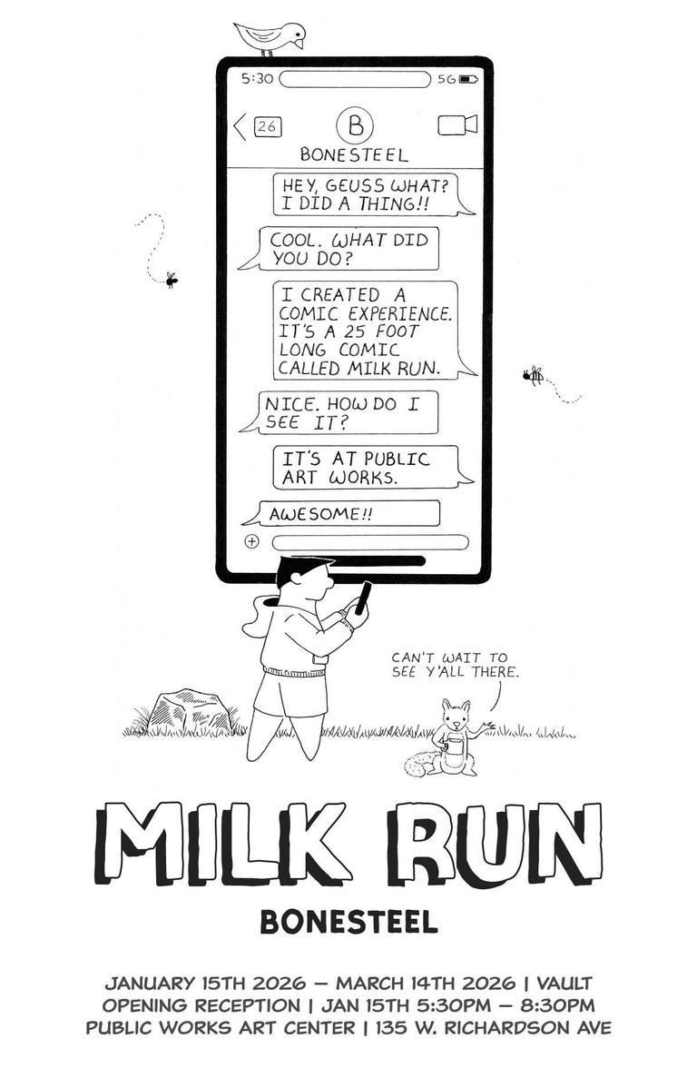 Text conversation about a comic experience called "Milk Run" at Public Art Works. Cartoon characters and event details included.