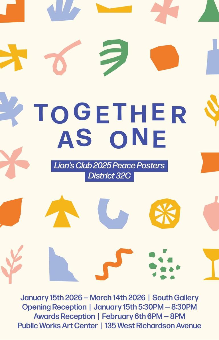 Colorful abstract shapes surround the text announcing the Lion's Club 2025 Peace Posters event details.