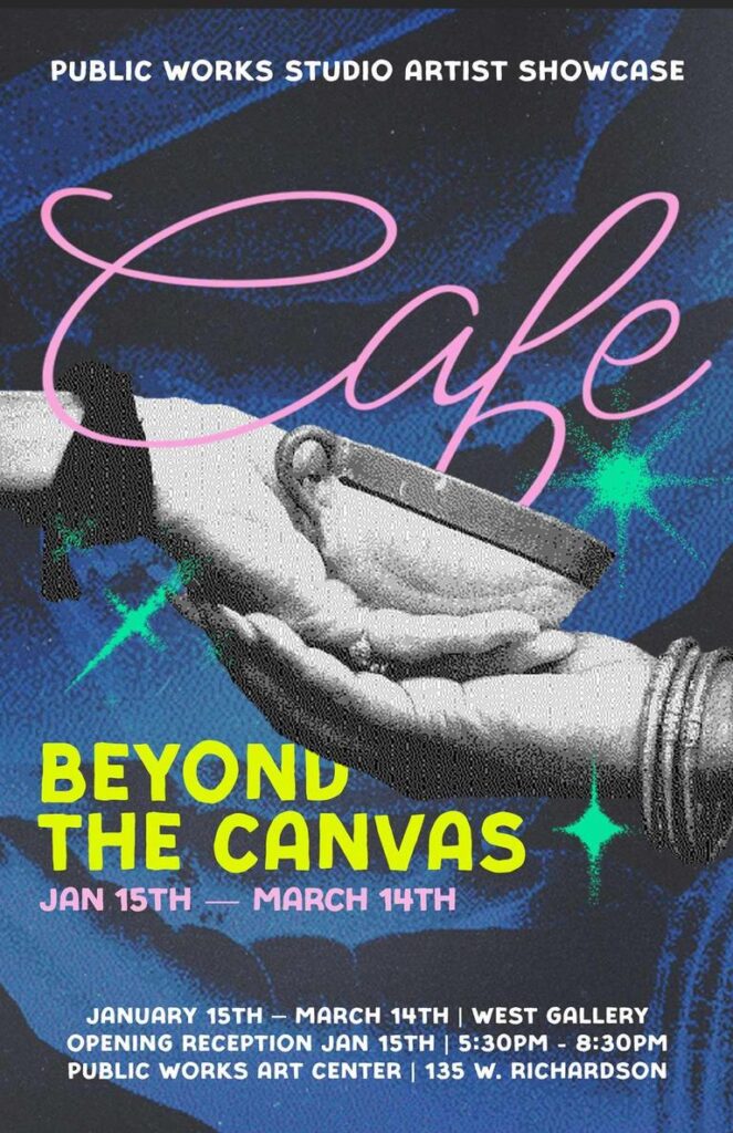 Hands holding a small bowl, with colorful text announcing an art showcase titled "Beyond the Canvas.
