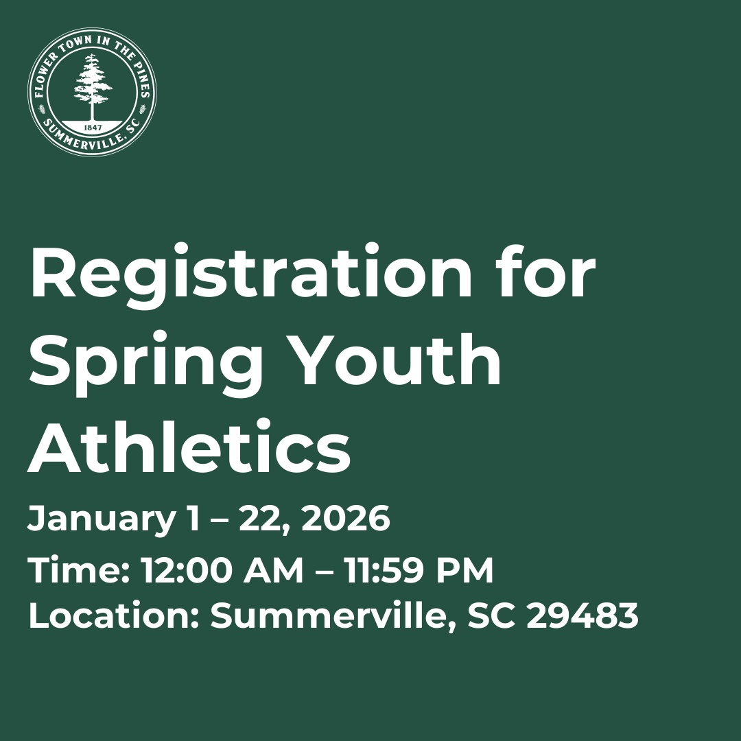 Registration details for Spring Youth Athletics in Summerville, SC, from January 1 to 22, 2026.