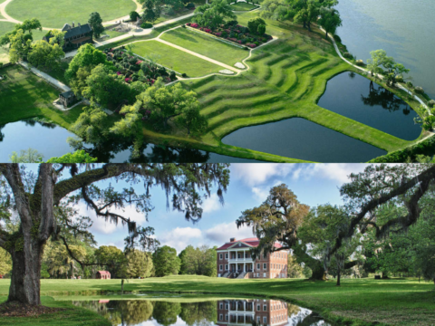 Aerial view of landscaped gardens and ponds, with a historic building and trees reflected in the water.