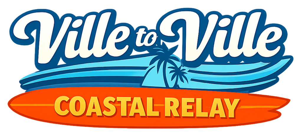 Logo for "Ville to Ville Coastal Relay" featuring stylized text and palm trees.