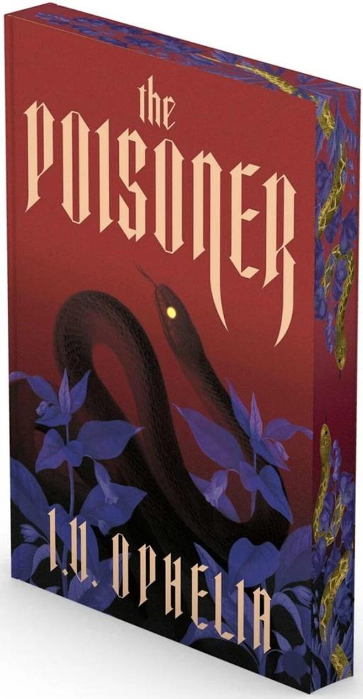 Book cover for "The Poisoner" by L.N. Ophelia, featuring a snake and purple plants on a red background.