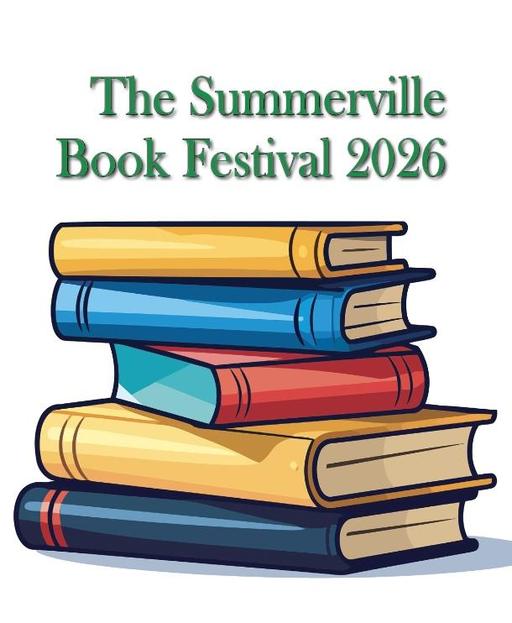Colorful stack of books with text: "The Summerville Book Festival 2026.