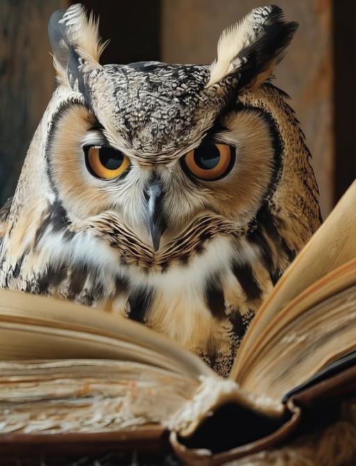 A close-up of an owl perched on an open book, gazing intently at the viewer.