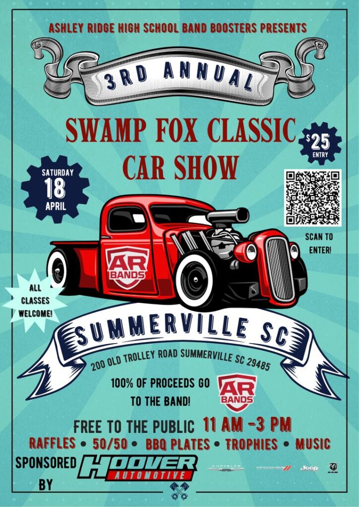 Promotional poster for the Swamp Fox Classic Car Show in Summerville, SC, featuring event details and a vintage car illustration.