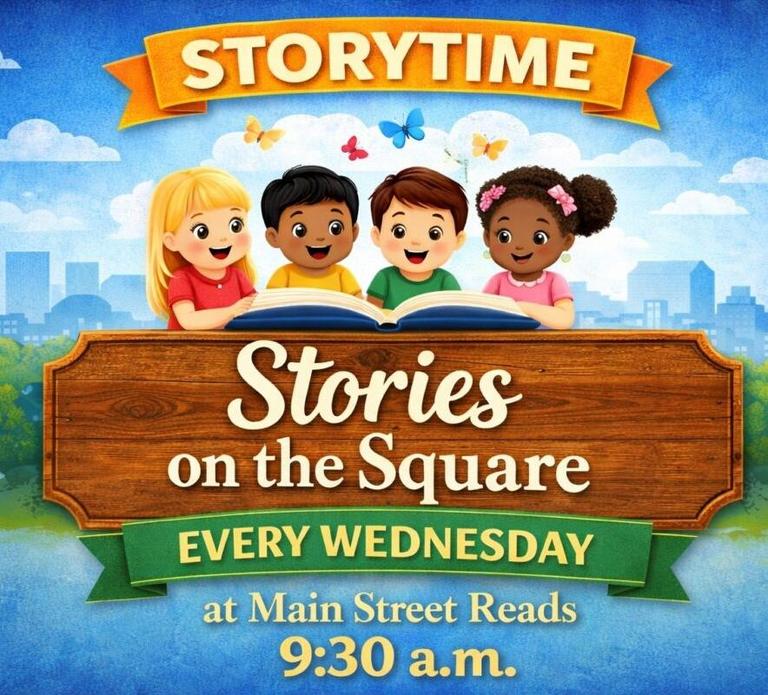 Four children gather around an open book, promoting "Stories on the Square" every Wednesday at 9:30 a.m.