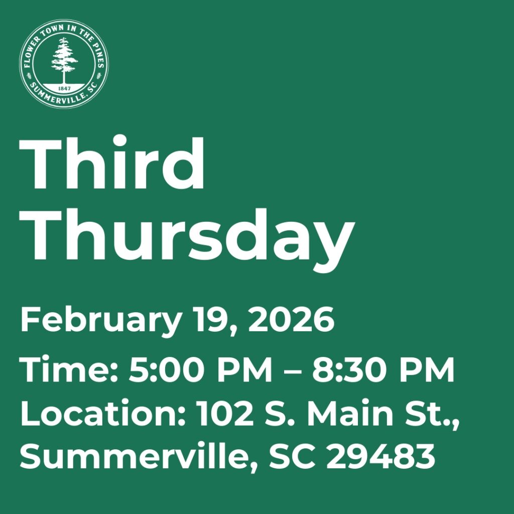 Event details for Third Thursday on February 19, 2026, from 5:00 PM to 8:30 PM in Summerville, SC.