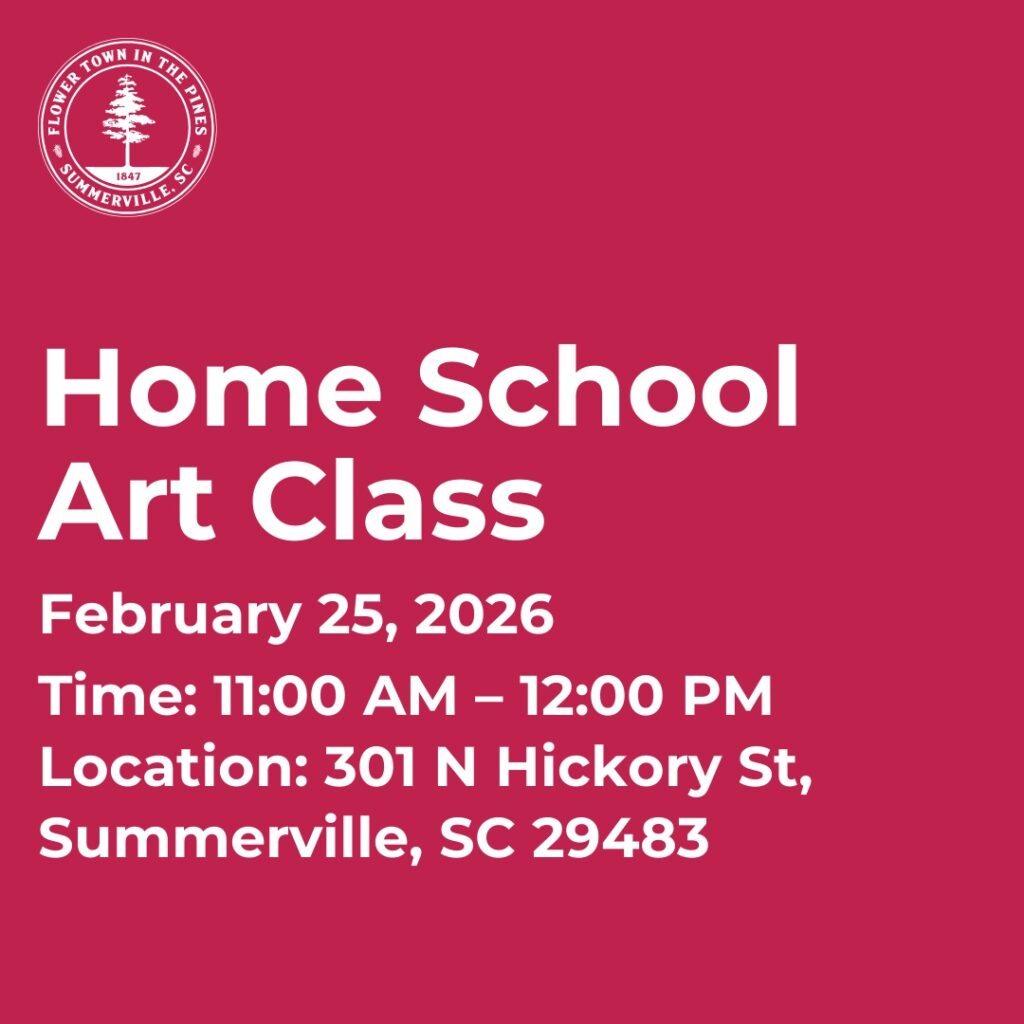 Home School Art Class on February 25, 2026, from 11:00 AM to 12:00 PM at 301 N Hickory St, Summerville, SC.