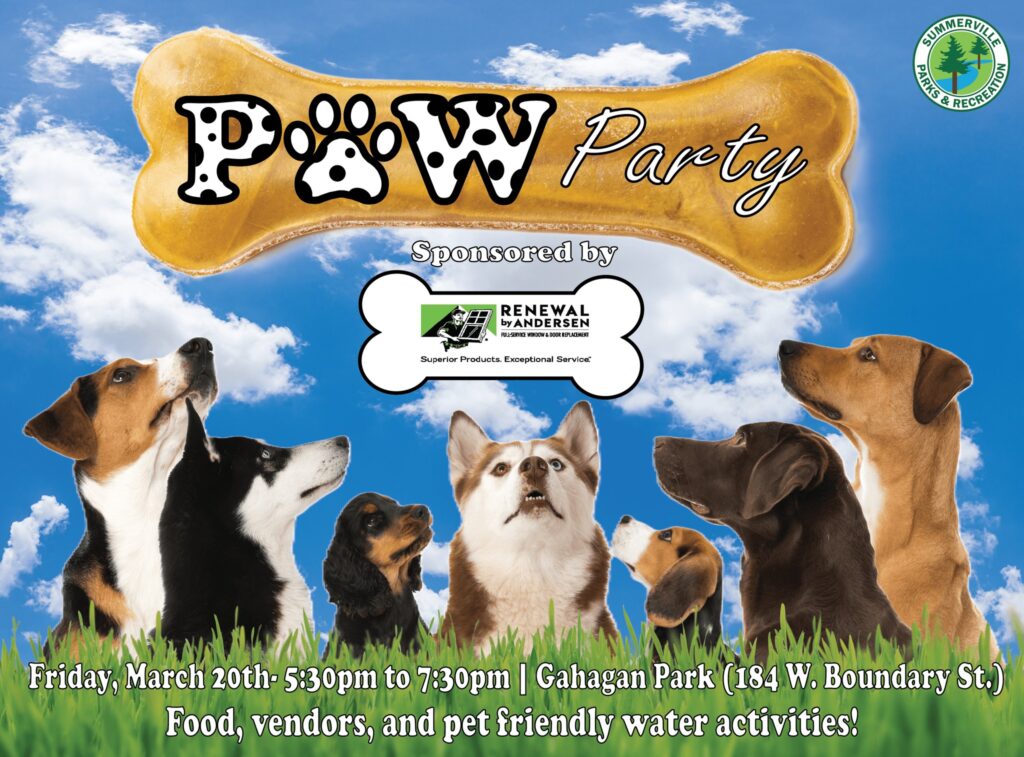 Dogs of various breeds gather outdoors under a blue sky, promoting a pet-friendly event.