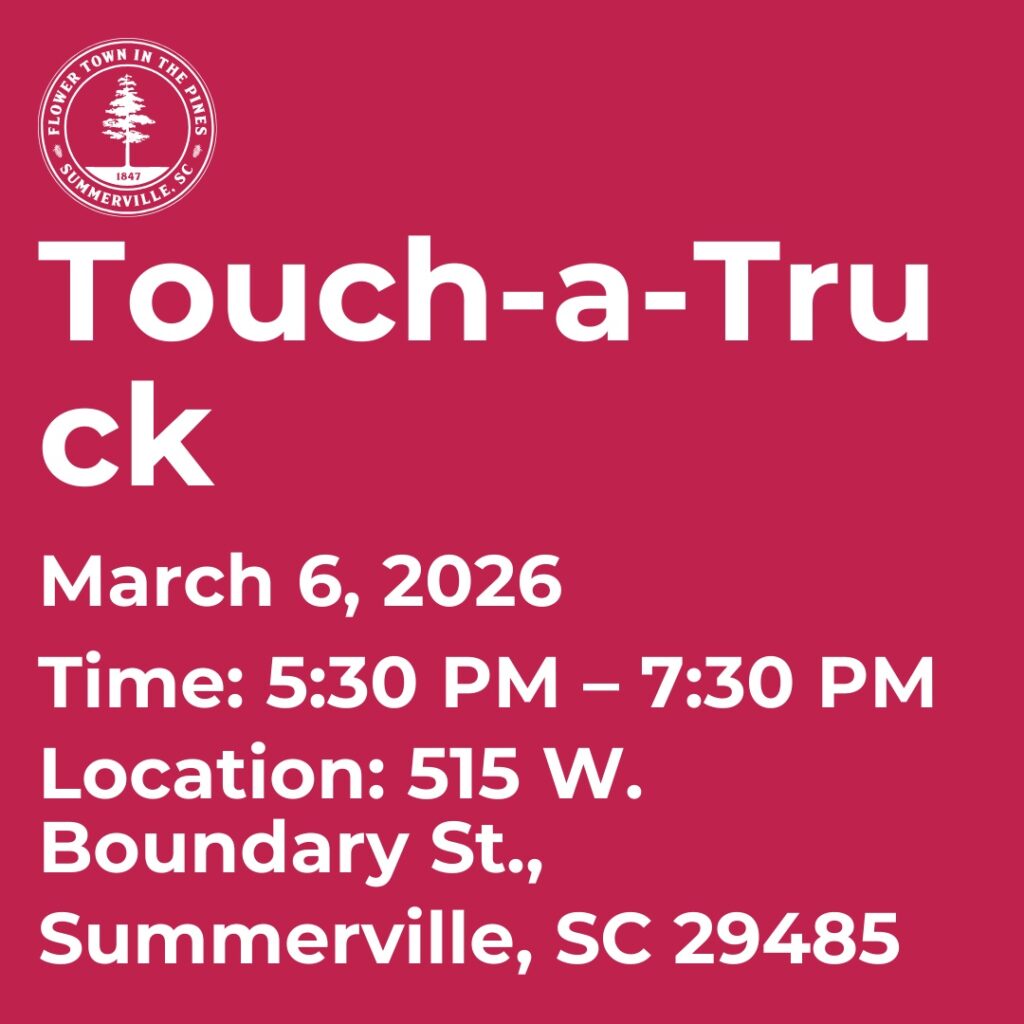 Event details for Touch-a-Truck on March 6, 2026, from 5:30 PM to 7:30 PM in Summerville, SC.