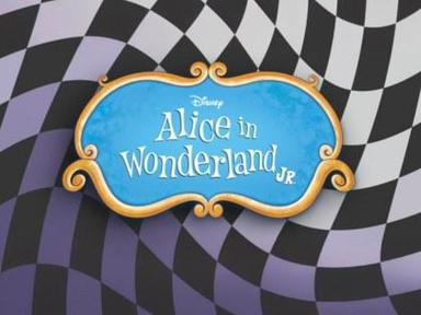 Title card for "Alice in Wonderland JR" with a blue background and decorative border on a checkered pattern.