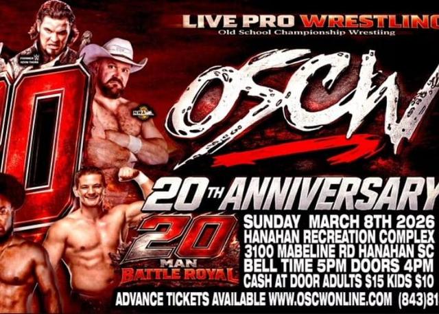 Promotional poster for OSCW's 20th Anniversary Battle Royal on March 8, 2026, featuring wrestlers and event details.