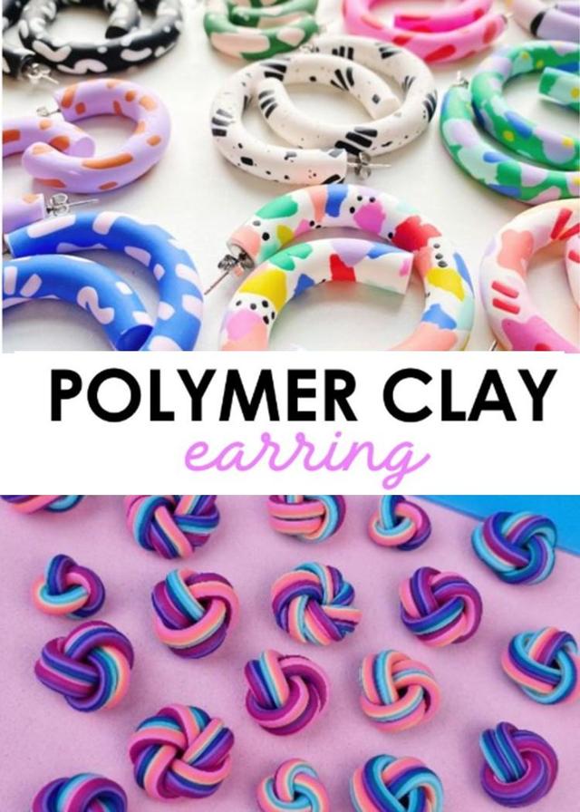 Colorful polymer clay earrings in various shapes and patterns displayed on a light background.