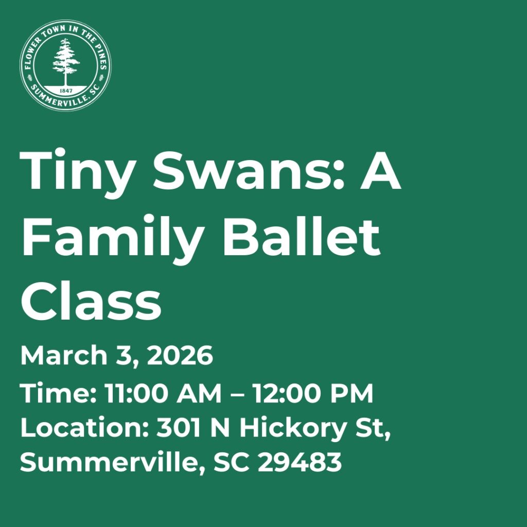 Event details for "Tiny Swans: A Family Ballet Class" on March 3, 2026, from 11 AM to 12 PM in Summerville, SC.