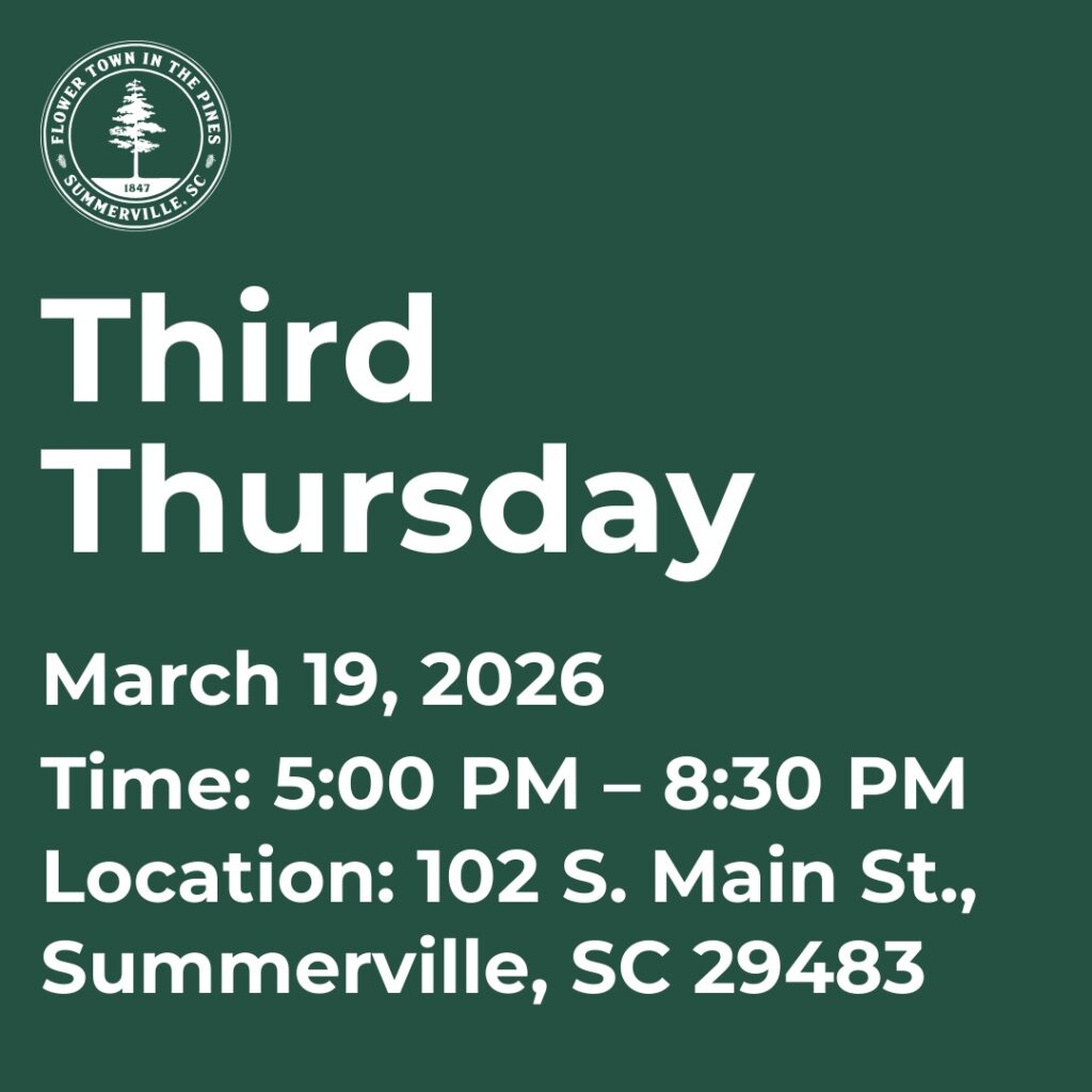 Event details for Third Thursday on March 19, 2026, from 5:00 PM to 8:30 PM in Summerville, SC.