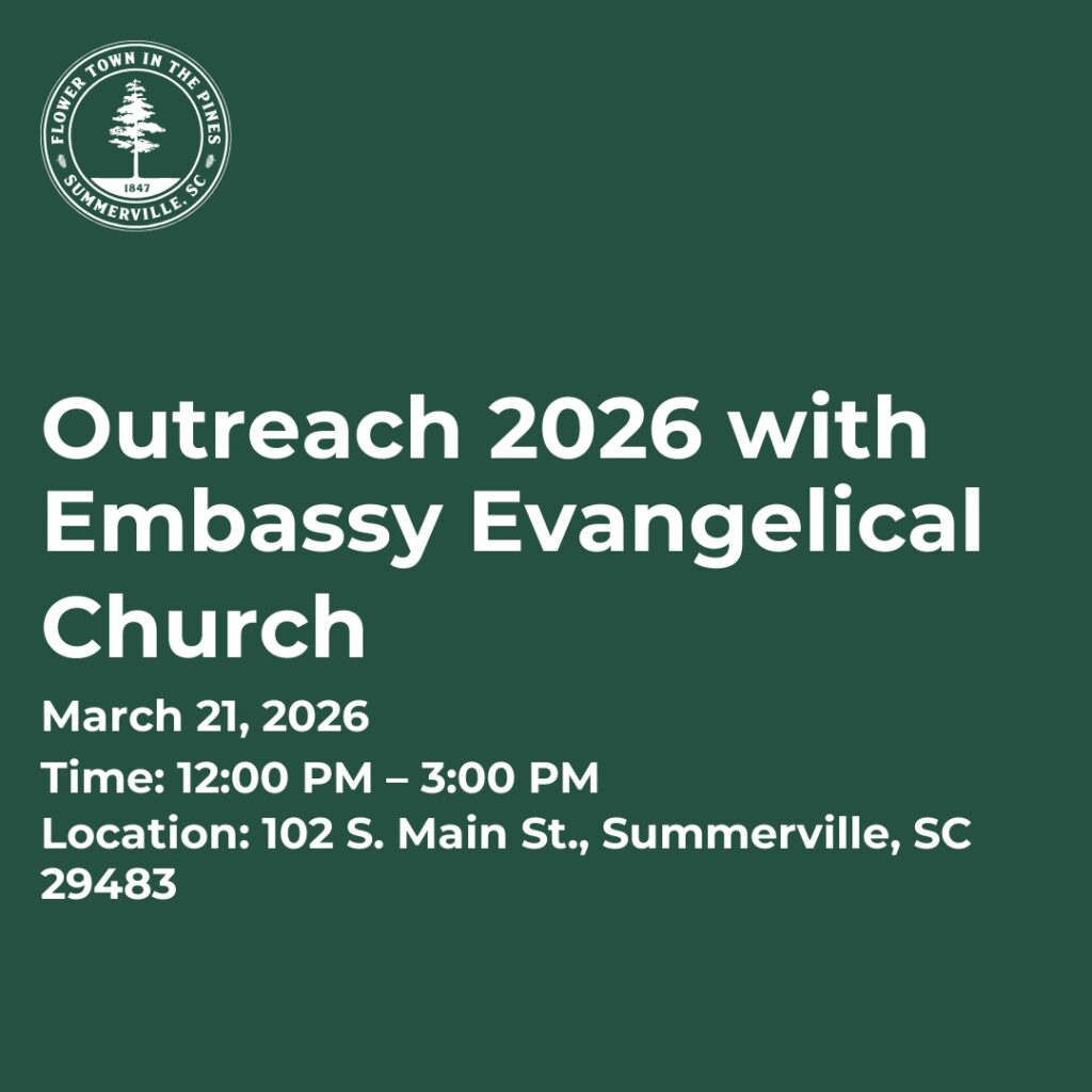 Event announcement for Outreach 2026 with Embassy Evangelical Church, March 21, 2026, in Summerville, SC.