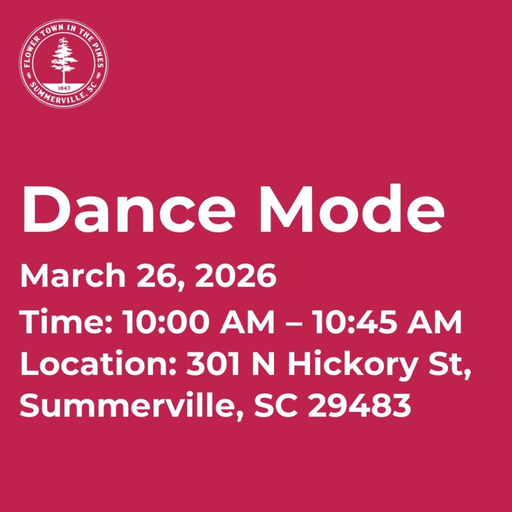 Event details for "Dance Mode" on March 26, 2026, from 10:00 AM to 10:45 AM at 301 N Hickory St, Summerville, SC.