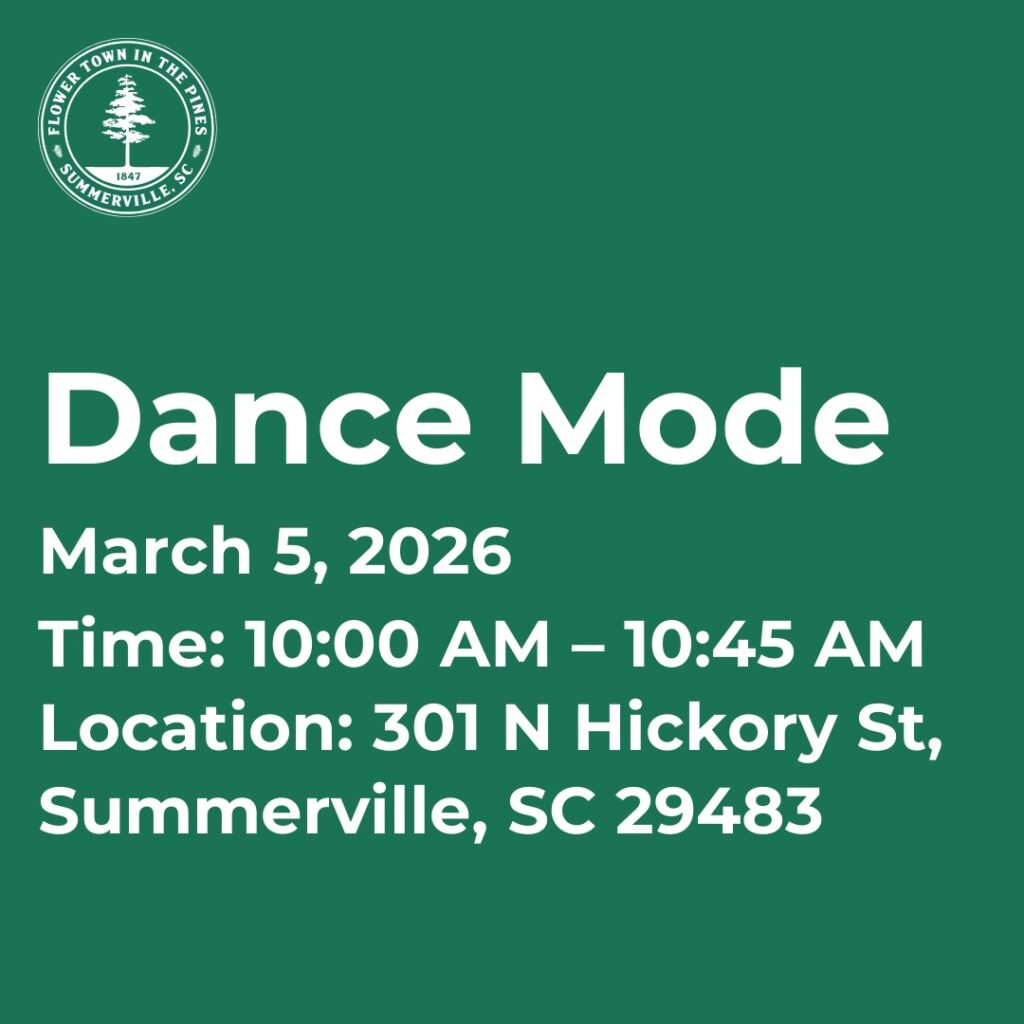 Event details for Dance Mode on March 5, 2026, from 10:00 AM to 10:45 AM at 301 N Hickory St, Summerville, SC.