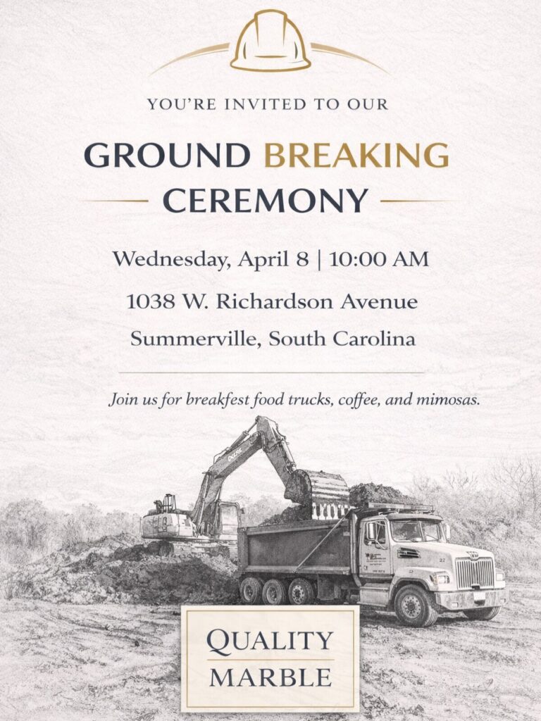 Invitation to a ground breaking ceremony with construction equipment and details about the event.