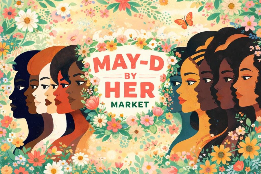 Seven diverse women’s faces profile the text "MAY-D BY HER MARKET," surrounded by flowers and greenery.
