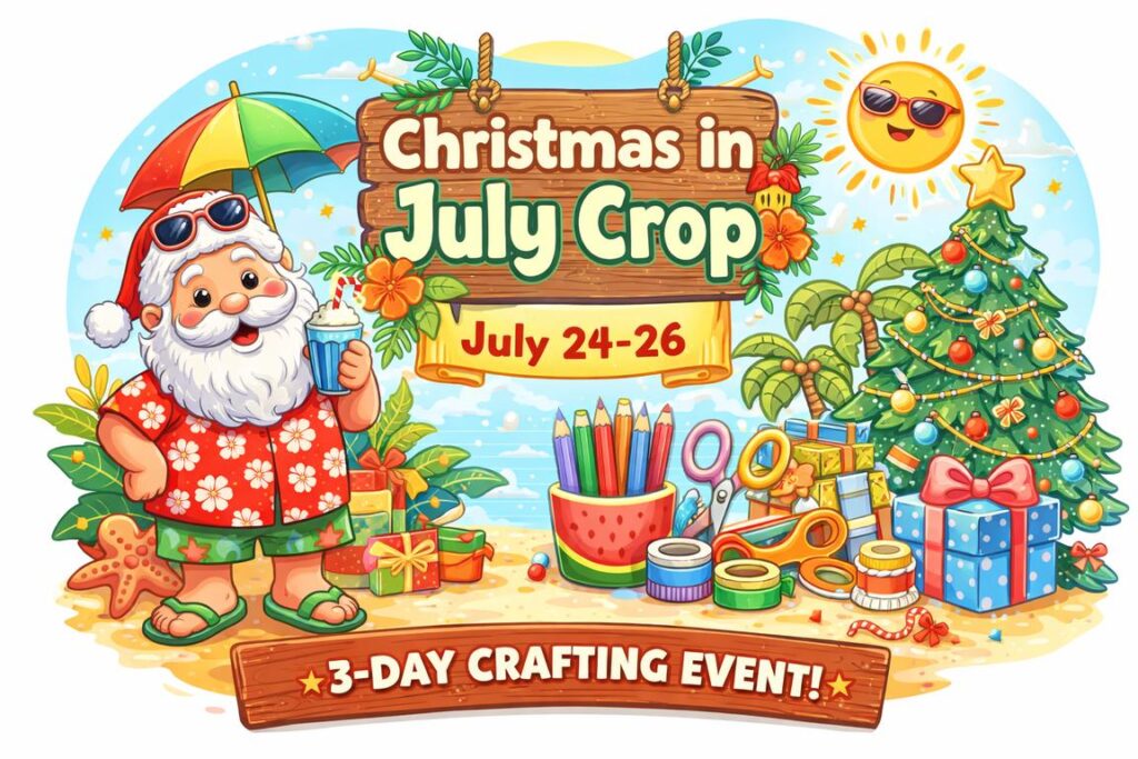A cheerful Santa in a Hawaiian shirt holds a drink beside a decorated Christmas tree and crafting supplies.