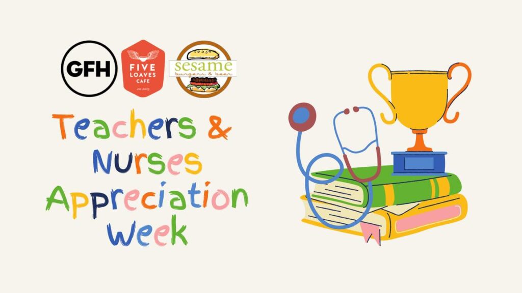 Logos of three businesses and colorful text celebrating Teachers and Nurses Appreciation Week with a trophy and books.