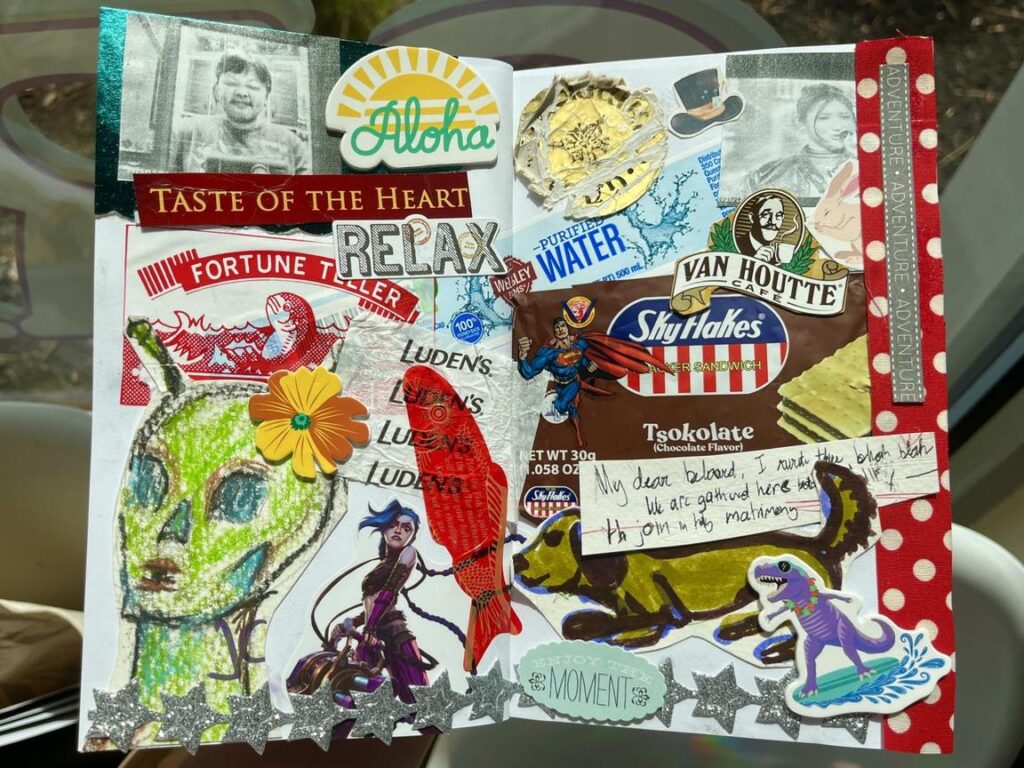A colorful collage featuring drawings, stickers, and handwritten notes on various paper items.