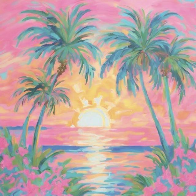Colorful sunset over the ocean, framed by palm trees and vibrant flowers.