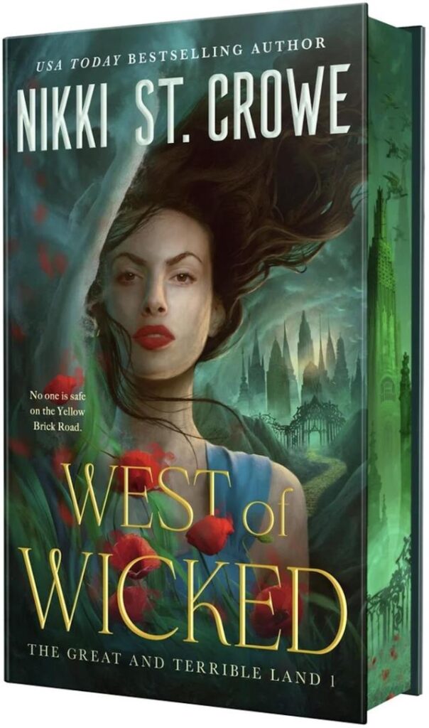 Book cover for "West of Wicked" by Nikki St. Crowe, featuring a woman with flowing hair and roses against a mystical background.