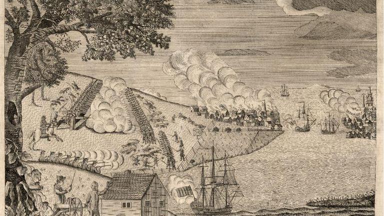 A historical scene depicting a battle with ships, soldiers, and smoke rising from the shore.