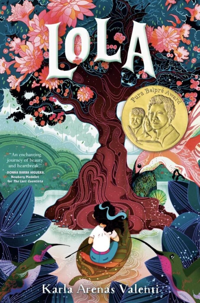 A girl in a boat paddles through a vibrant landscape with a large tree and colorful flowers.