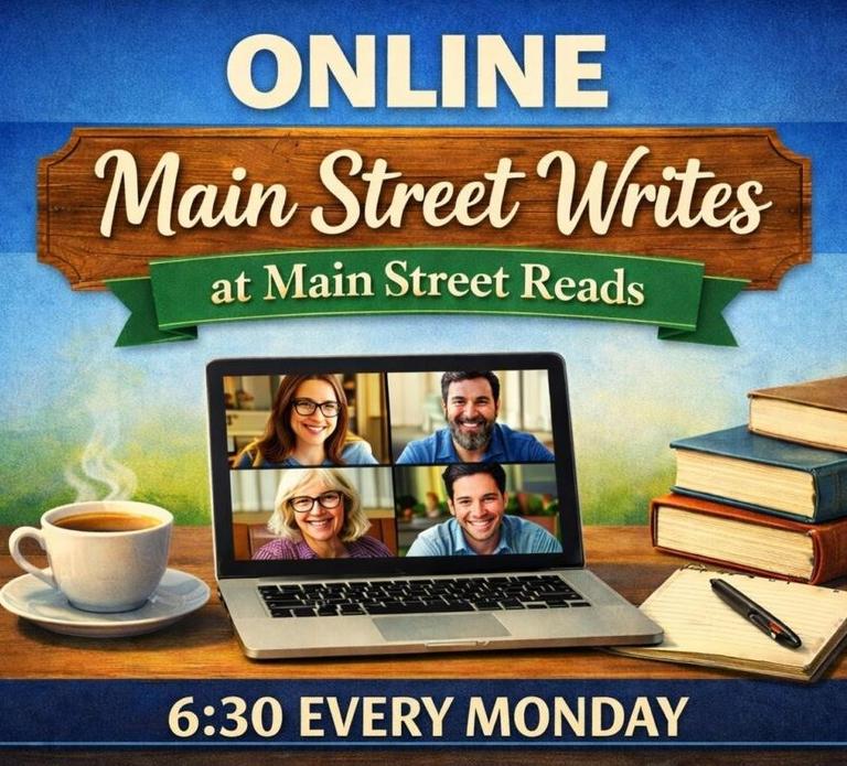 Online writing event at Main Street Reads features four participants on a laptop, with coffee and books nearby.