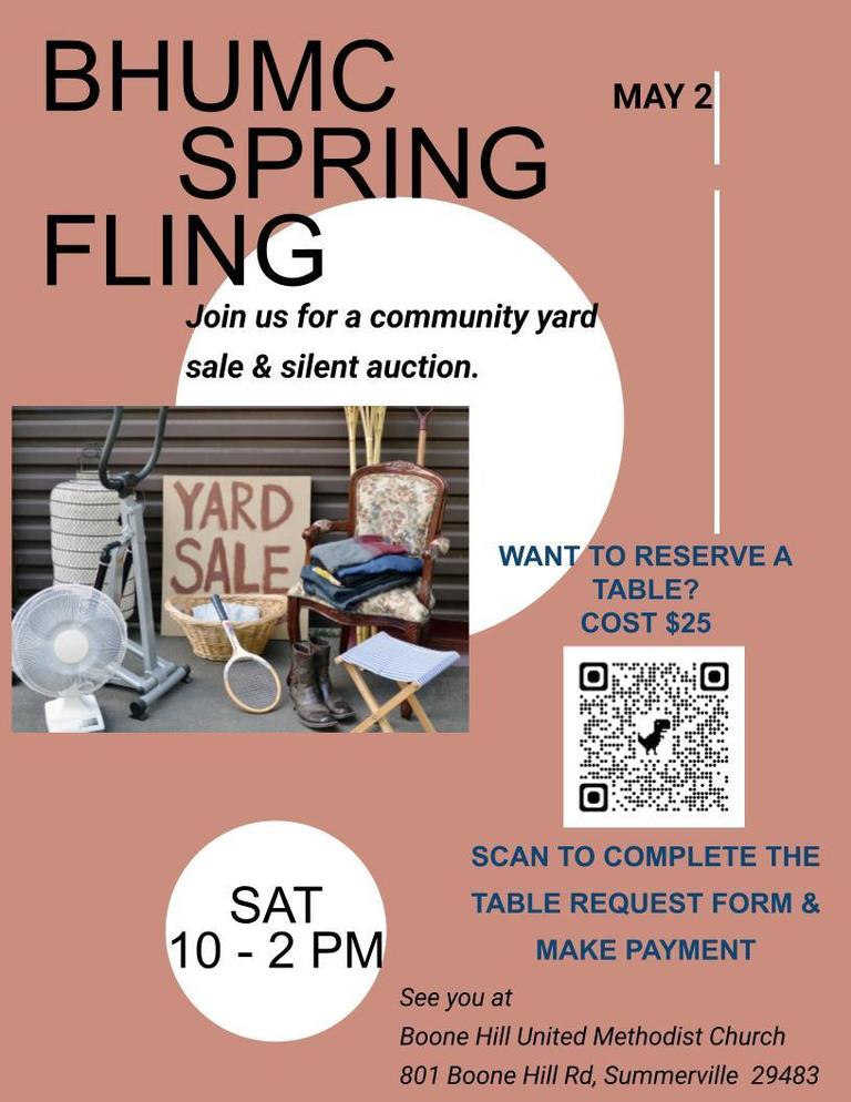 Community yard sale and silent auction announcement with details and QR code for table reservations.