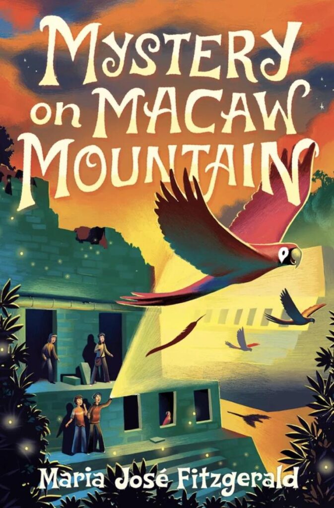 A colorful illustration features children exploring a mysterious mountain with flying macaws.