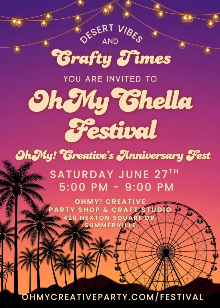 Event invitation for "OhMy Chella Festival" featuring palm trees, a ferris wheel, and decorative lights.