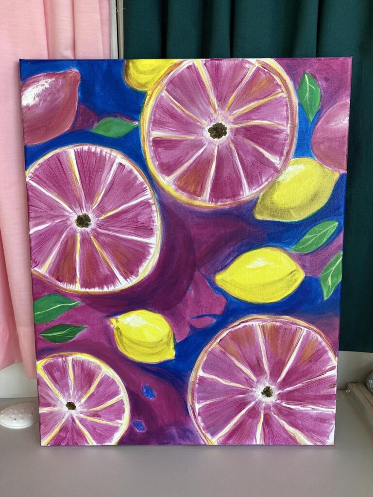 Colorful painting of sliced lemons and pink citrus fruits on a vibrant background.
