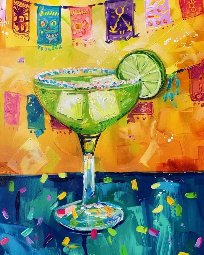 A vibrant margarita glass with a lime slice, surrounded by colorful confetti and festive banners.