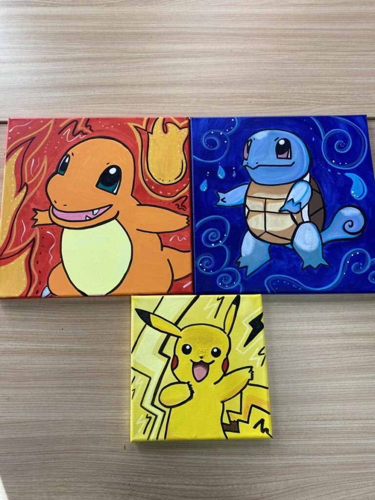 Three colorful paintings feature Pokémon: Charmander, Squirtle, and Pikachu, arranged in a triangular layout.