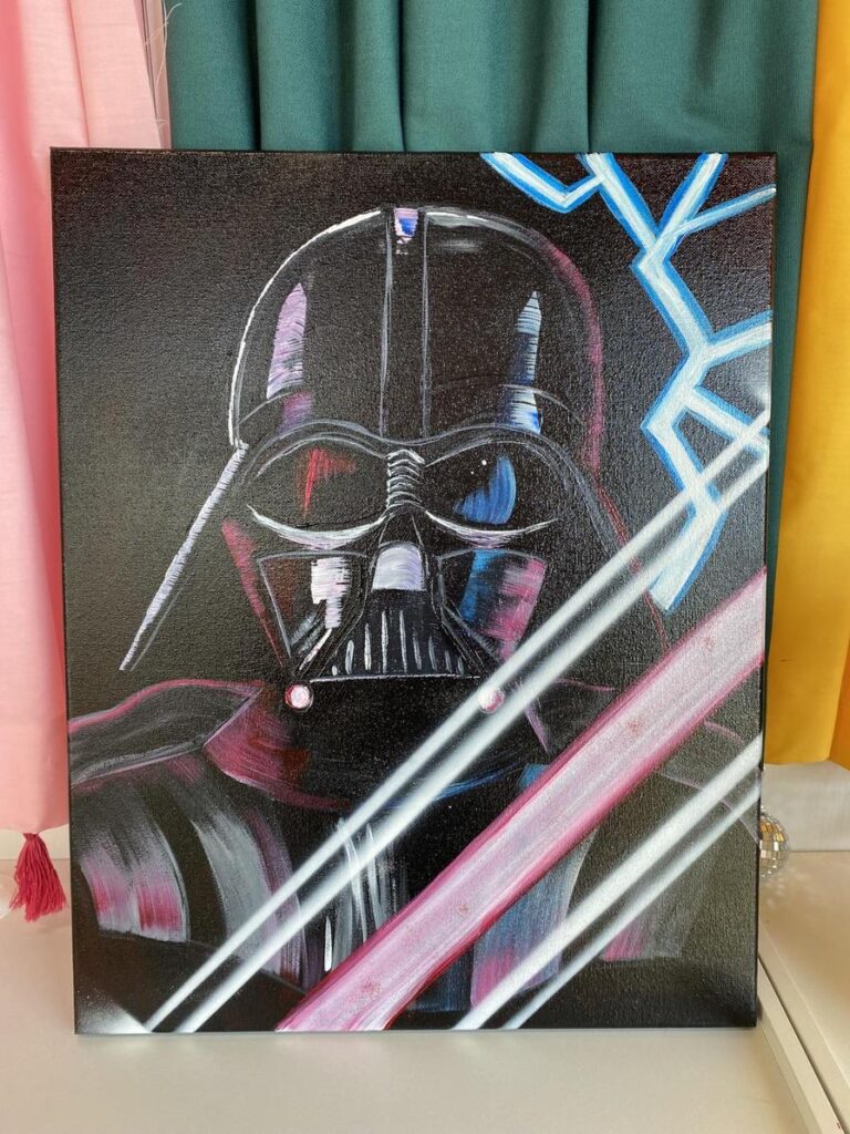 A painted portrait of a helmeted figure with a lightsaber, set against a dark background with colorful accents.