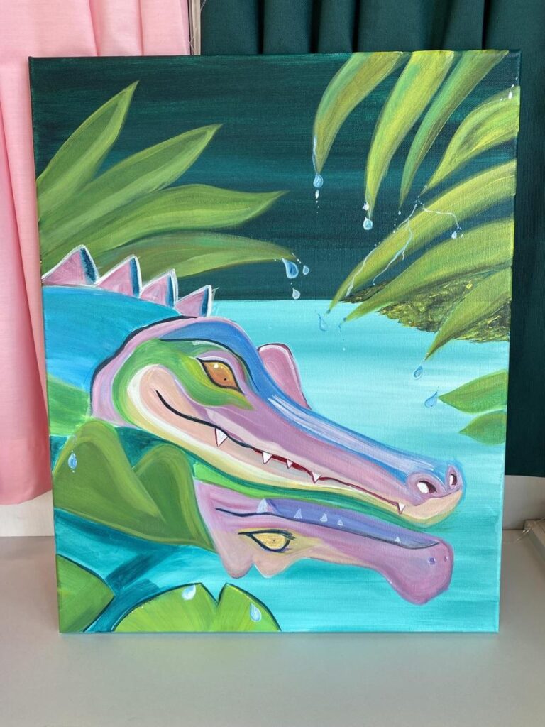 Colorful painting of two stylized crocodiles among green leaves and water droplets.