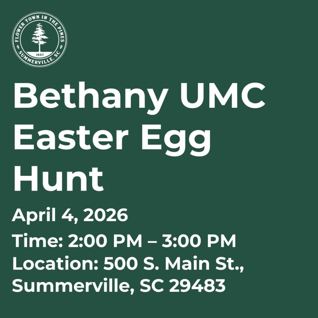 Bethany UMC hosts an Easter Egg Hunt on April 4, 2026, from 2:00 PM to 3:00 PM in Summerville, SC.