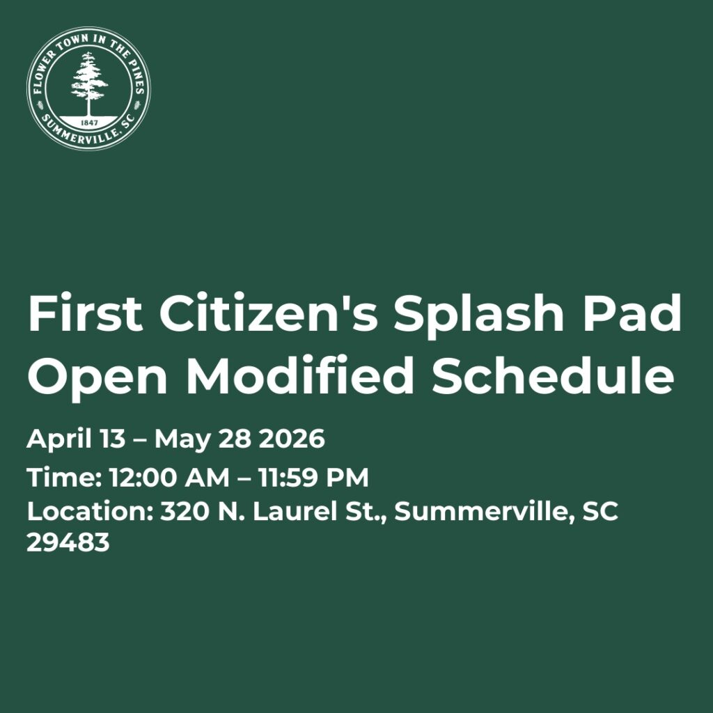 First Citizen's Splash Pad modified schedule from April 13 to May 28, 2026, open 12 AM to 11:59 PM.