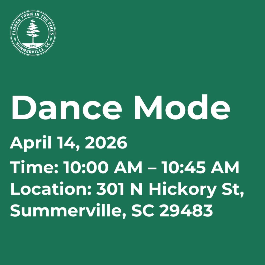 Event details for "Dance Mode" on April 14, 2026, from 10:00 AM to 10:45 AM at 301 N Hickory St, Summerville, SC.