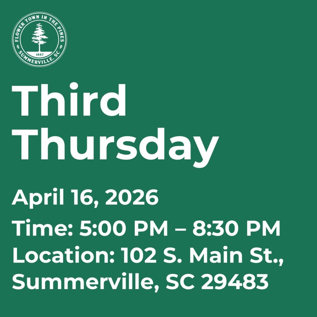 Event details for Third Thursday on April 16, 2026, from 5:00 PM to 8:30 PM in Summerville, SC.