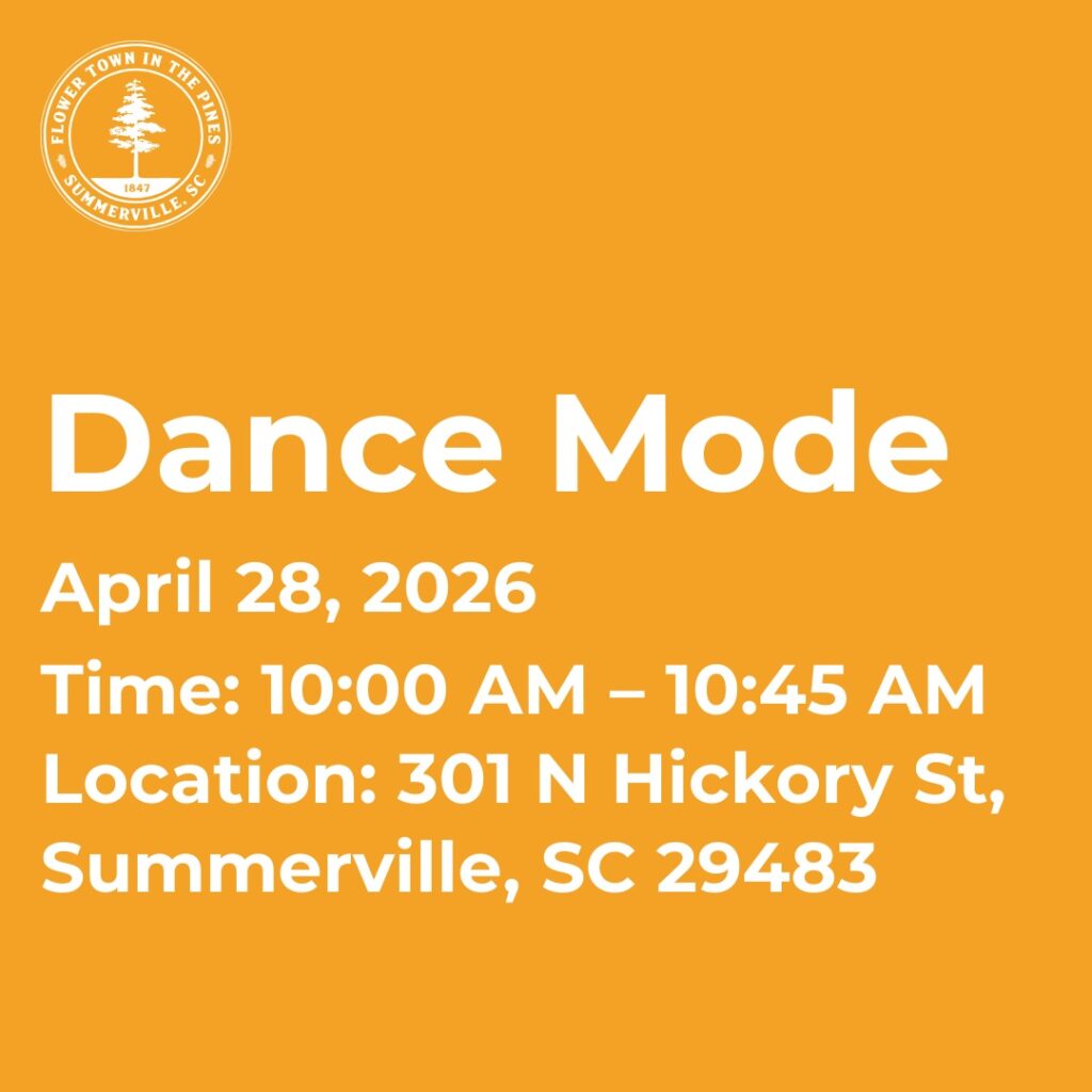 Event details for "Dance Mode" on April 28, 2026, from 10:00 AM to 10:45 AM, at 301 N Hickory St, Summerville, SC.